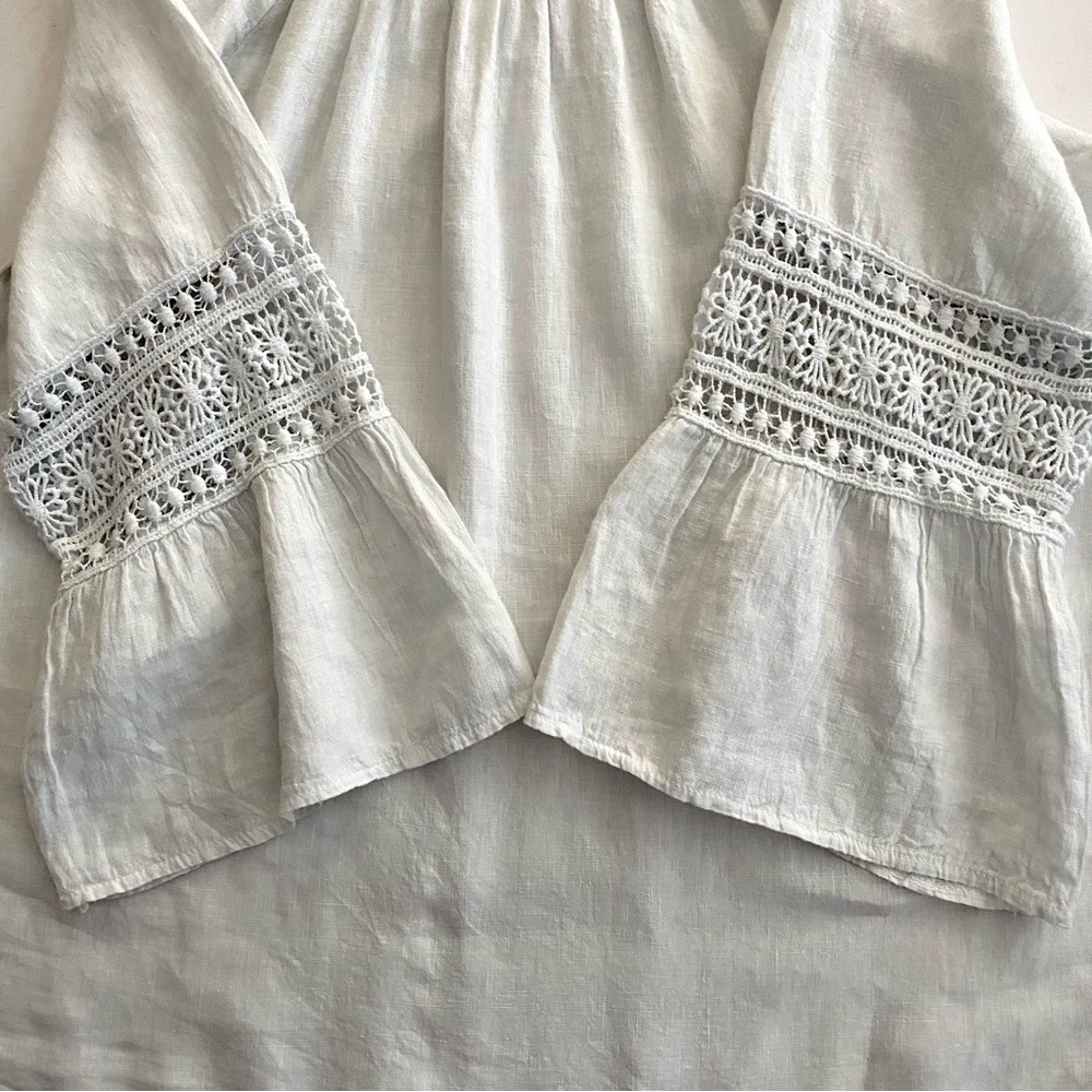 White Linen Blouse Top Sz Large Crochet Peasant Bell Sleeve Prairie Summer - Picture 7 of 13